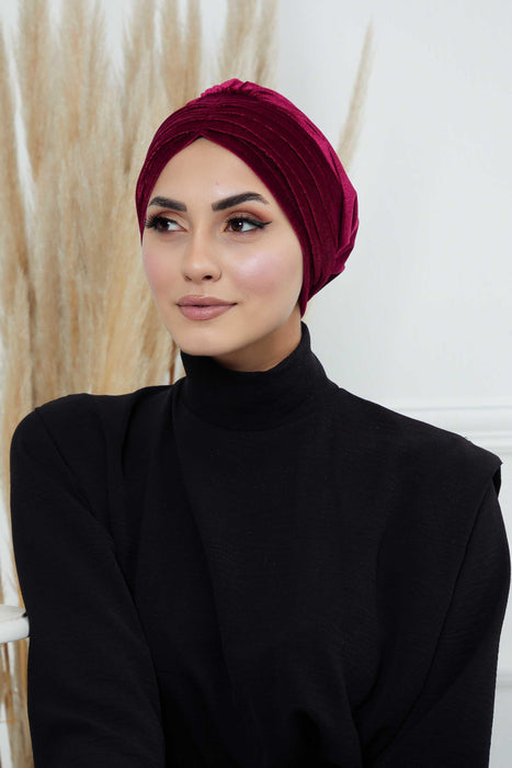 Velvet Shirred Instant Turban Headwrap, Soft Head Turban For Women Fashion Instant Turban Ready to Wear Pretied Chemo Headwear Hijab,B-13K