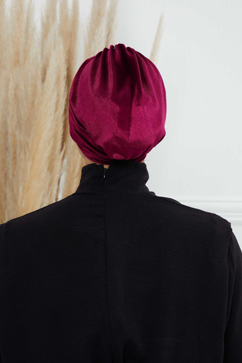 Velvet Shirred Instant Turban Headwrap, Soft Head Turban For Women Fashion Instant Turban Ready to Wear Pretied Chemo Headwear Hijab,B-13K Maroon