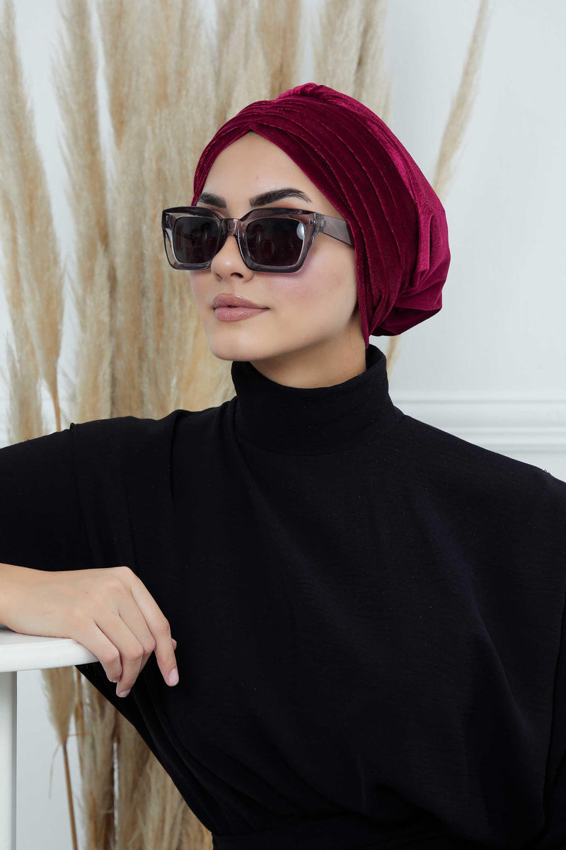 Velvet Shirred Instant Turban Headwrap, Soft Head Turban For Women Fashion Instant Turban Ready to Wear Pretied Chemo Headwear Hijab,B-13K Maroon