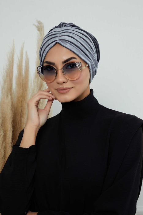 Velvet Shirred Instant Turban Headwrap, Soft Head Turban For Women Fashion Instant Turban Ready to Wear Pretied Chemo Headwear Hijab,B-13K