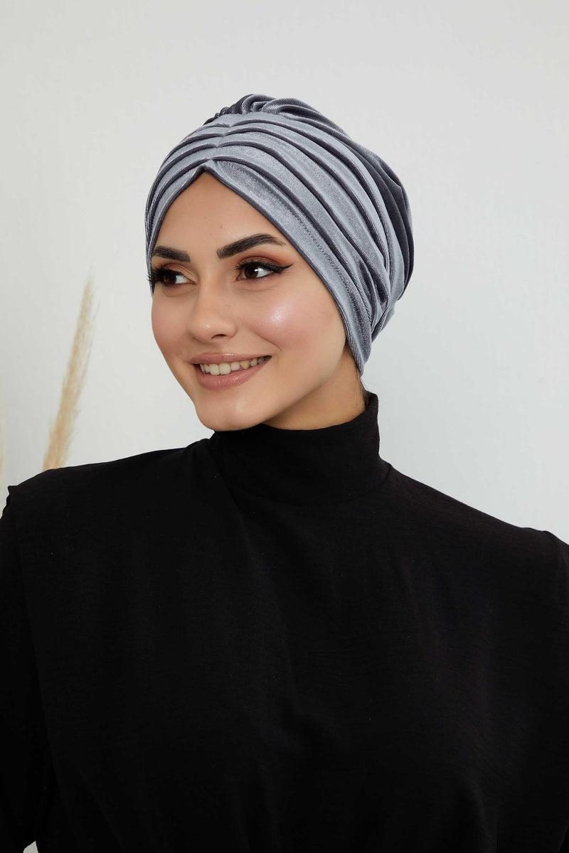 Velvet Shirred Instant Turban Headwrap, Soft Head Turban For Women Fashion Instant Turban Ready to Wear Pretied Chemo Headwear Hijab,B-13K Grey