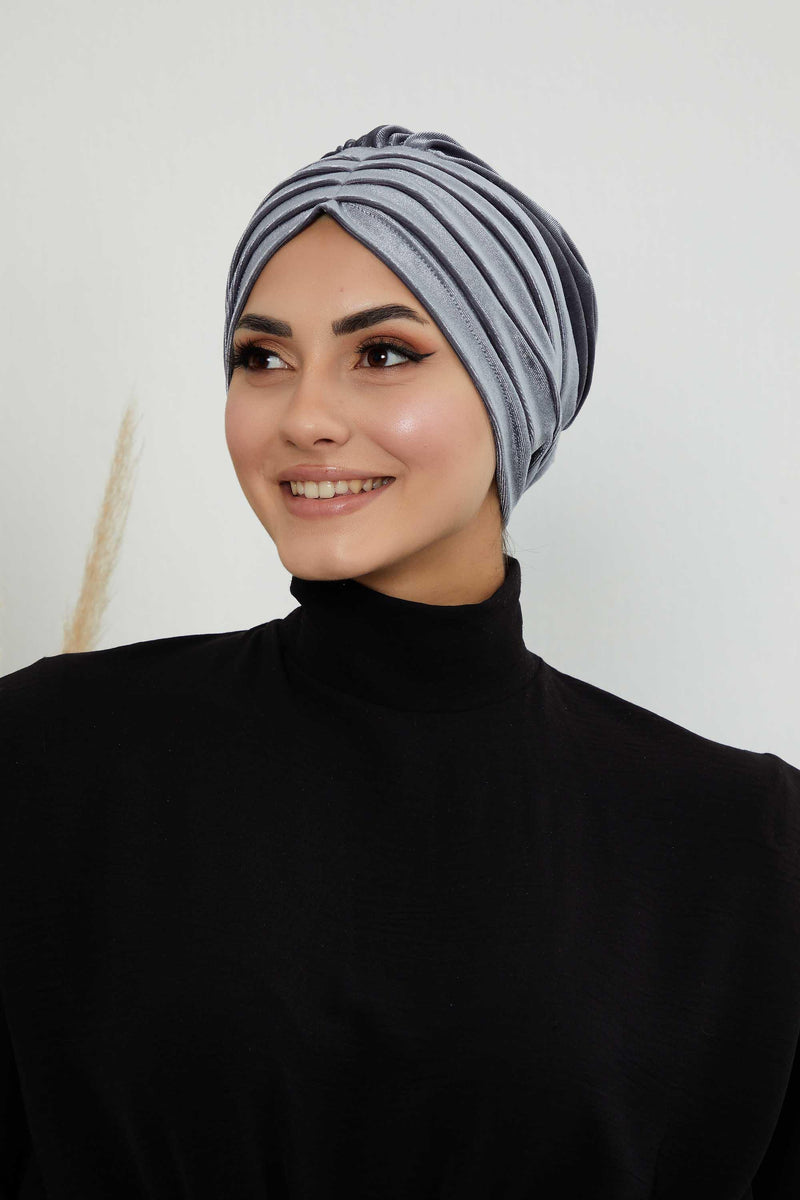 Velvet Shirred Instant Turban Headwrap, Soft Head Turban For Women Fashion Instant Turban Ready to Wear Pretied Chemo Headwear Hijab,B-13K Grey