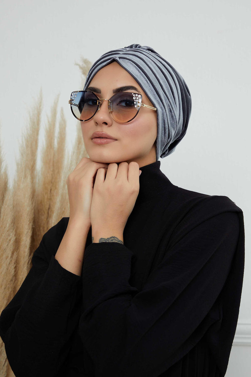 Velvet Shirred Instant Turban Headwrap, Soft Head Turban For Women Fashion Instant Turban Ready to Wear Pretied Chemo Headwear Hijab,B-13K Grey