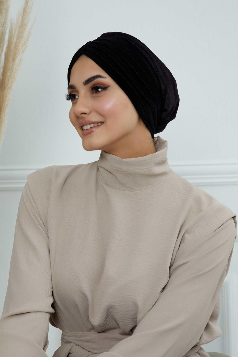 Velvet Shirred Instant Turban Headwrap, Soft Head Turban For Women Fashion Instant Turban Ready to Wear Pretied Chemo Headwear Hijab,B-13K Black