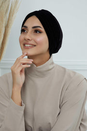 Velvet Shirred Instant Turban Headwrap, Soft Head Turban For Women Fashion Instant Turban Ready to Wear Pretied Chemo Headwear Hijab,B-13K Black