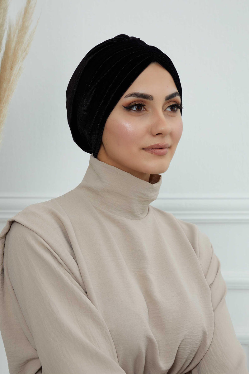 Velvet Shirred Instant Turban Headwrap, Soft Head Turban For Women Fashion Instant Turban Ready to Wear Pretied Chemo Headwear Hijab,B-13K Black