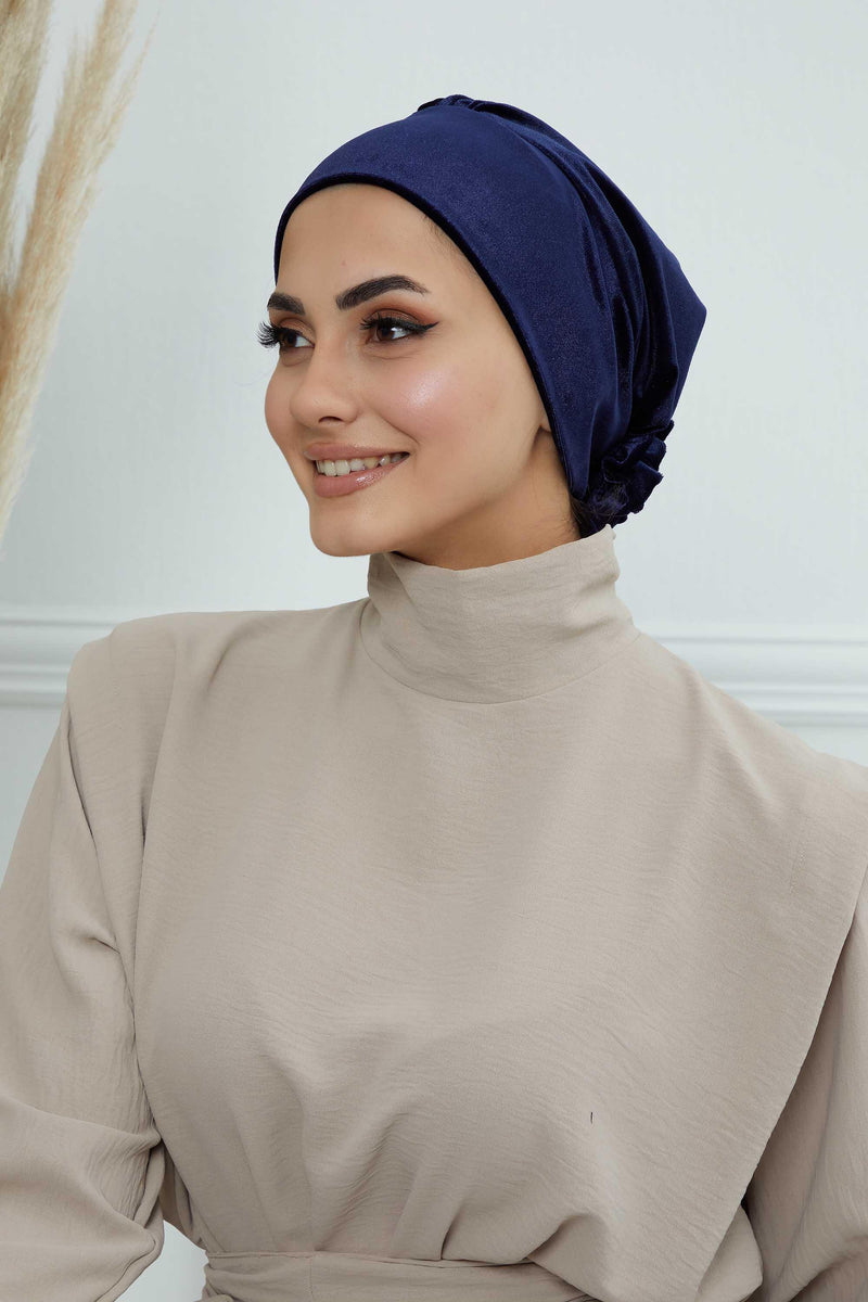 Vorgebundene Turbanmütze aus Samt mit Rosenmotiv auf der Rückseite, Sofort-Turbanmütze aus Samt für den Winter, Chemo-Kopfbedeckung aus Samt, B-53K