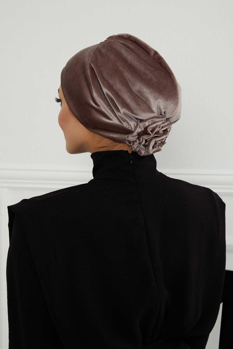 Velvet Elastic Instant Turban Bonnet Cap with Handmade Rose Detail at the Back Side, Soft Plain Color Velvet Pre-Tied Turban Hijab,B-53K