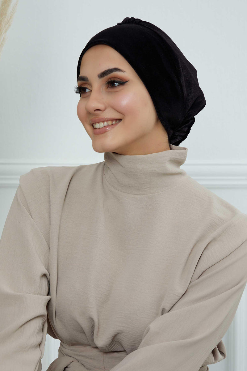 Vorgebundene Turbanmütze aus Samt mit Rosenmotiv auf der Rückseite, Sofort-Turbanmütze aus Samt für den Winter, Chemo-Kopfbedeckung aus Samt, B-53K