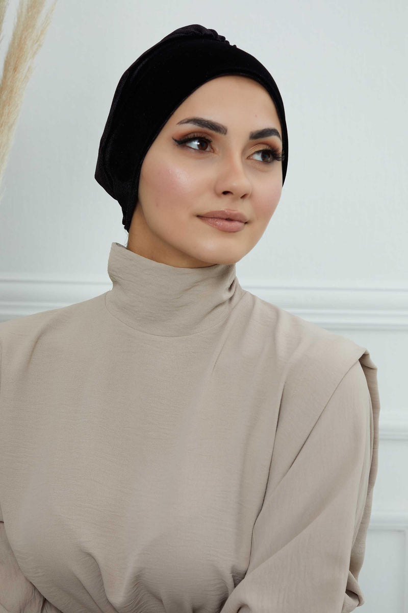 Vorgebundene Turbanmütze aus Samt mit Rosenmotiv auf der Rückseite, Sofort-Turbanmütze aus Samt für den Winter, Chemo-Kopfbedeckung aus Samt, B-53K