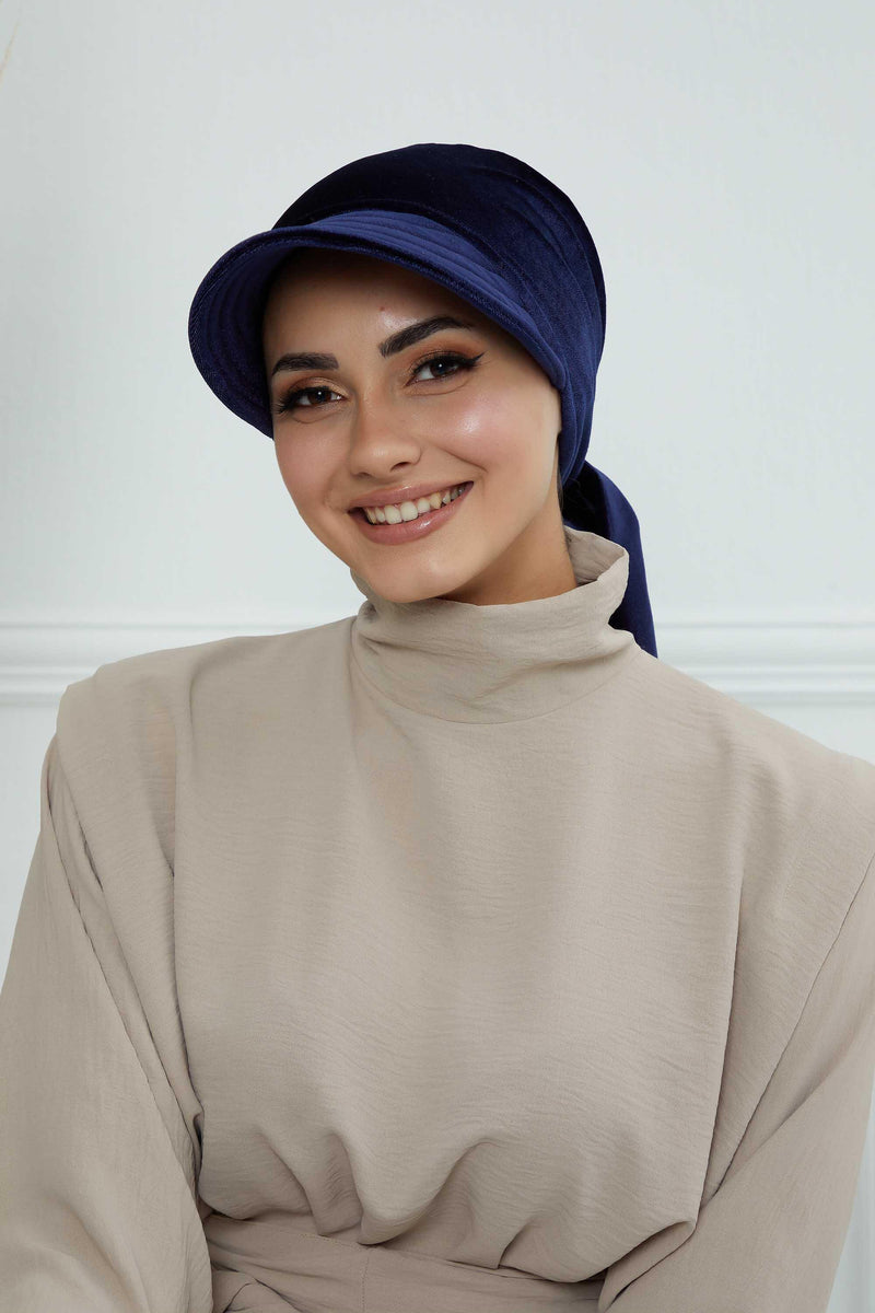 Vorgebundene Instant-Turbanmütze aus Samt für Damen, superweiche Schirmmütze aus Samt für Damen, Sonnenschutzvisier, Chemo-Kopfbedeckung, B-71K