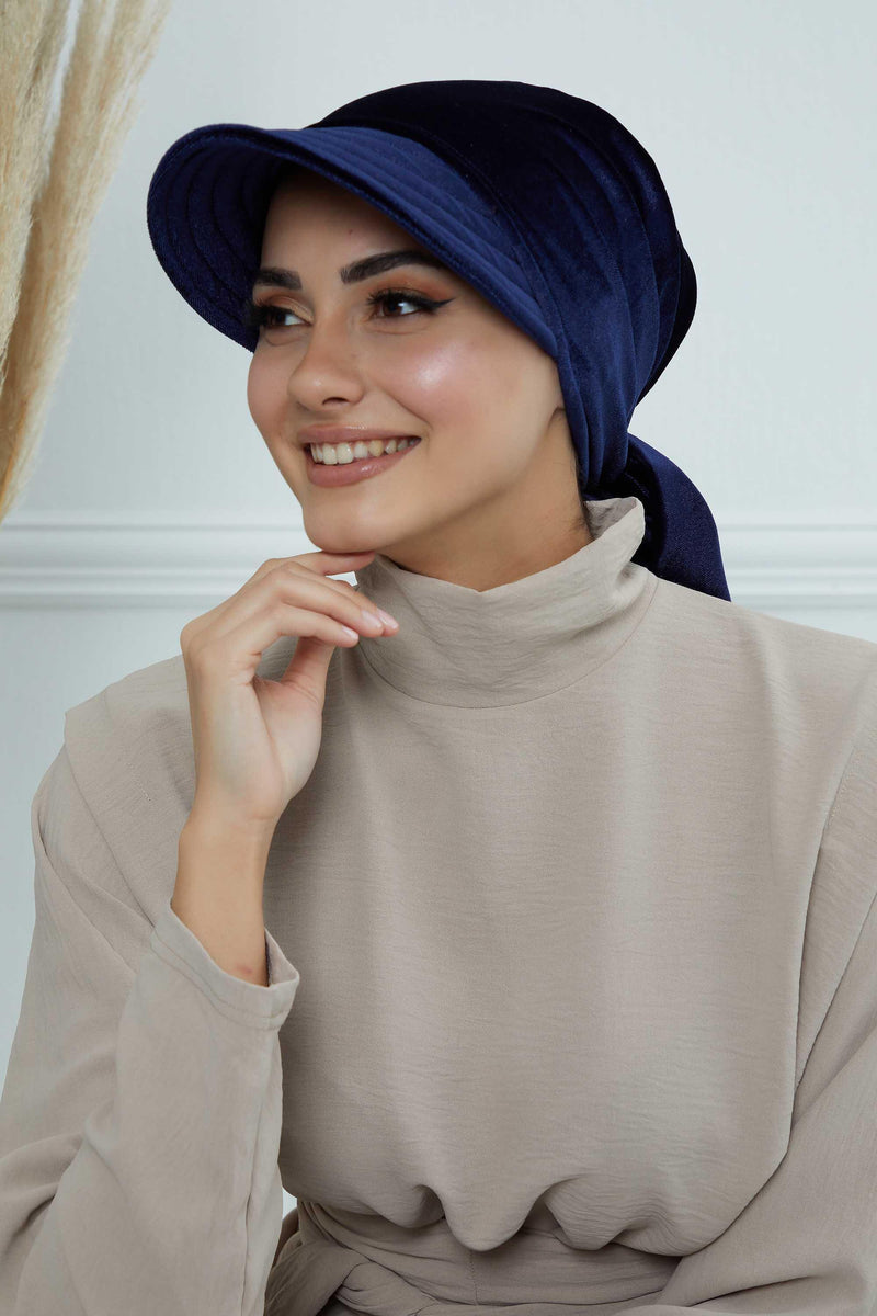 Vorgebundene Instant-Turbanmütze aus Samt für Damen, superweiche Schirmmütze aus Samt für Damen, Sonnenschutzvisier, Chemo-Kopfbedeckung, B-71K