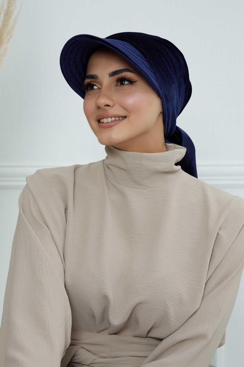 Vorgebundene Instant-Turbanmütze aus Samt für Damen, superweiche Schirmmütze aus Samt für Damen, Sonnenschutzvisier, Chemo-Kopfbedeckung, B-71K