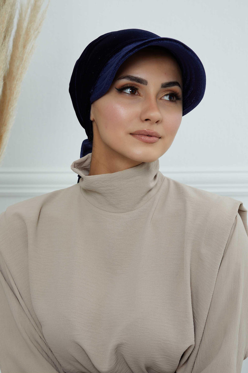 Vorgebundene Instant-Turbanmütze aus Samt für Damen, superweiche Schirmmütze aus Samt für Damen, Sonnenschutzvisier, Chemo-Kopfbedeckung, B-71K