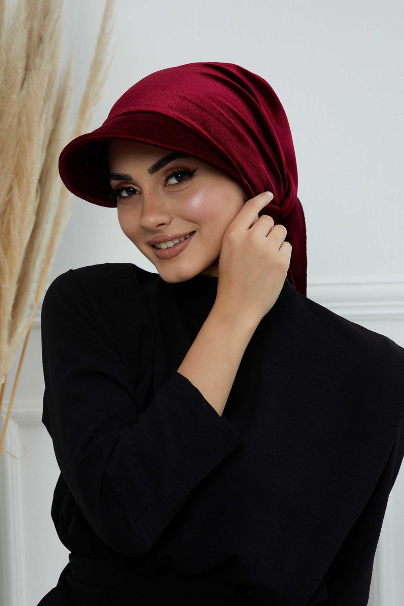 Vorgebundene Instant-Turbanmütze aus Samt für Damen, superweiche Schirmmütze aus Samt für Damen, Sonnenschutzvisier, Chemo-Kopfbedeckung, B-71K