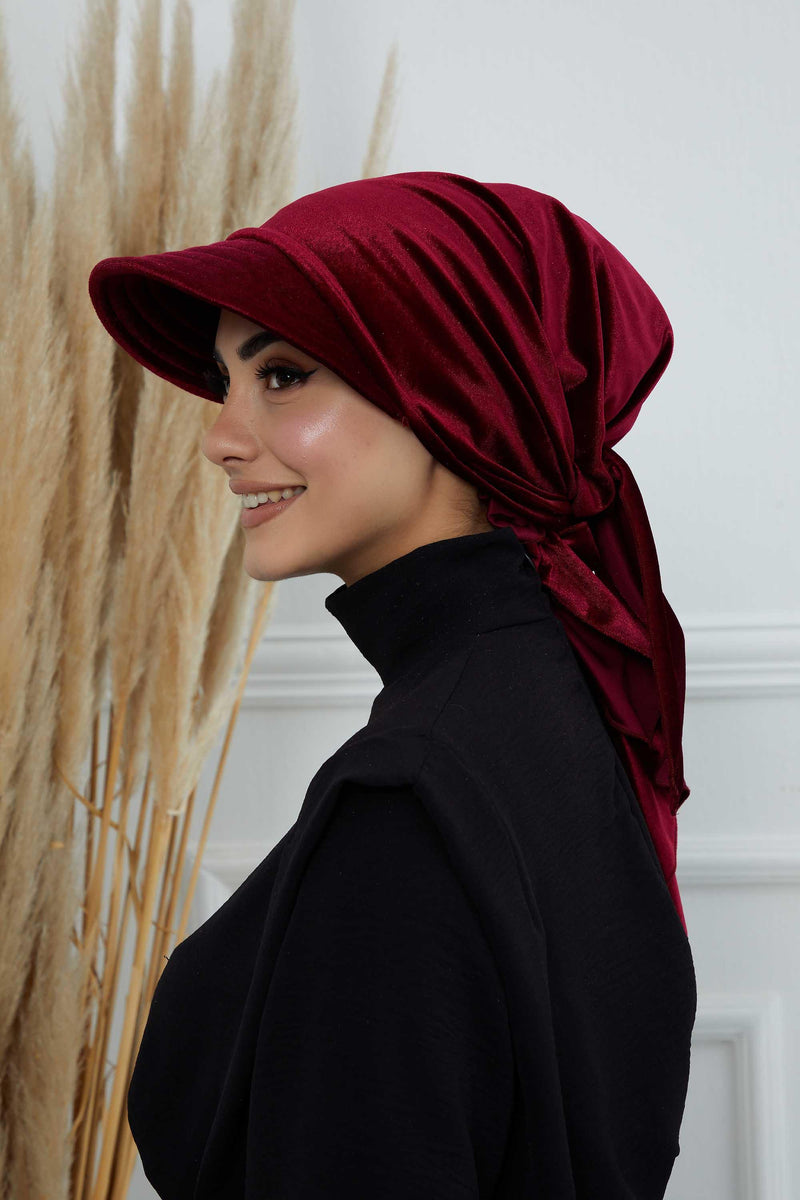 Vorgebundene Instant-Turbanmütze aus Samt für Damen, superweiche Schirmmütze aus Samt für Damen, Sonnenschutzvisier, Chemo-Kopfbedeckung, B-71K