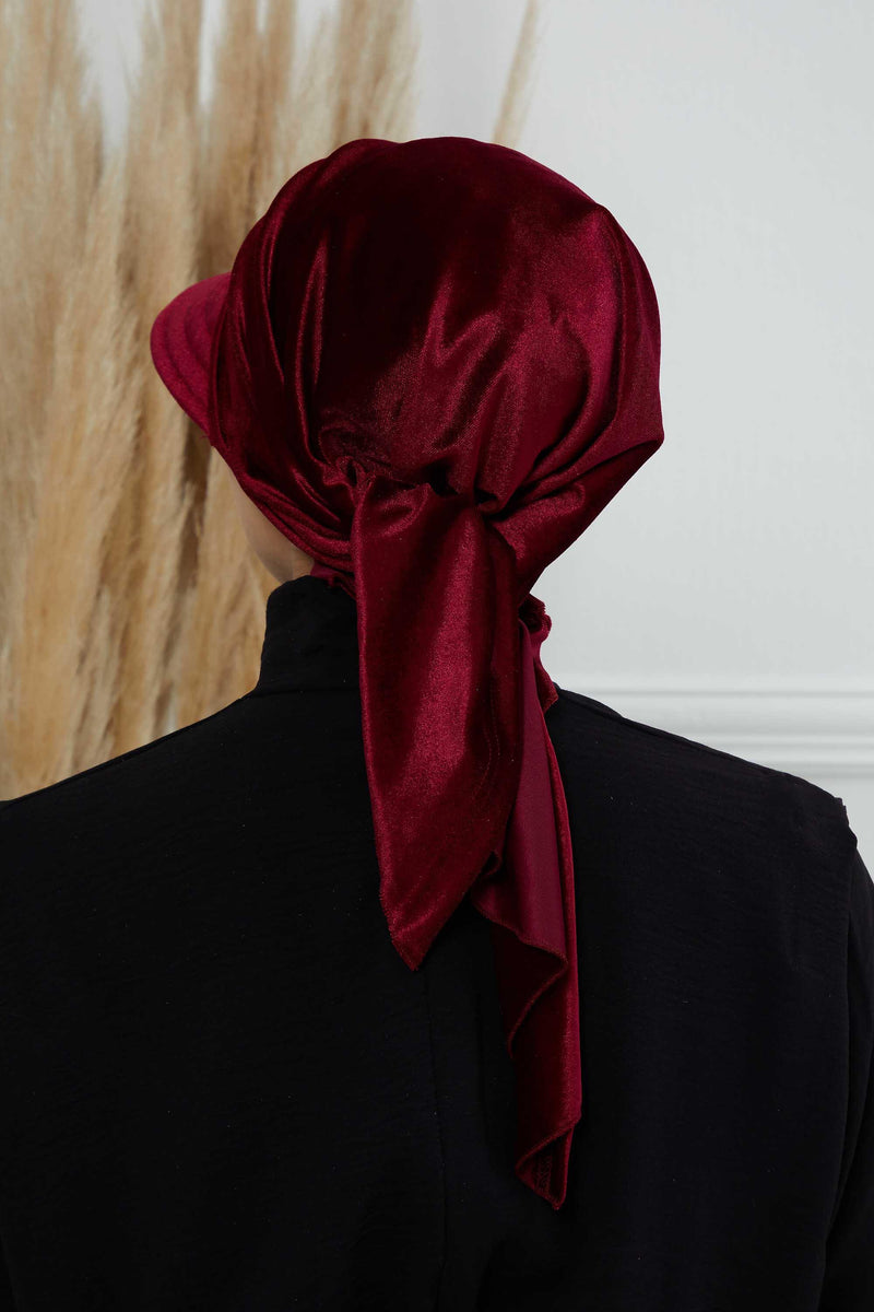 Vorgebundene Instant-Turbanmütze aus Samt für Damen, superweiche Schirmmütze aus Samt für Damen, Sonnenschutzvisier, Chemo-Kopfbedeckung, B-71K