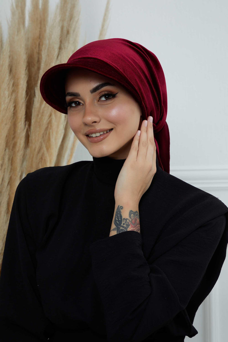 Vorgebundene Instant-Turbanmütze aus Samt für Damen, superweiche Schirmmütze aus Samt für Damen, Sonnenschutzvisier, Chemo-Kopfbedeckung, B-71K