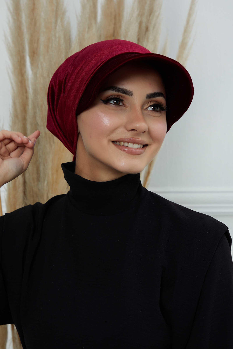 Vorgebundene Instant-Turbanmütze aus Samt für Damen, superweiche Schirmmütze aus Samt für Damen, Sonnenschutzvisier, Chemo-Kopfbedeckung, B-71K