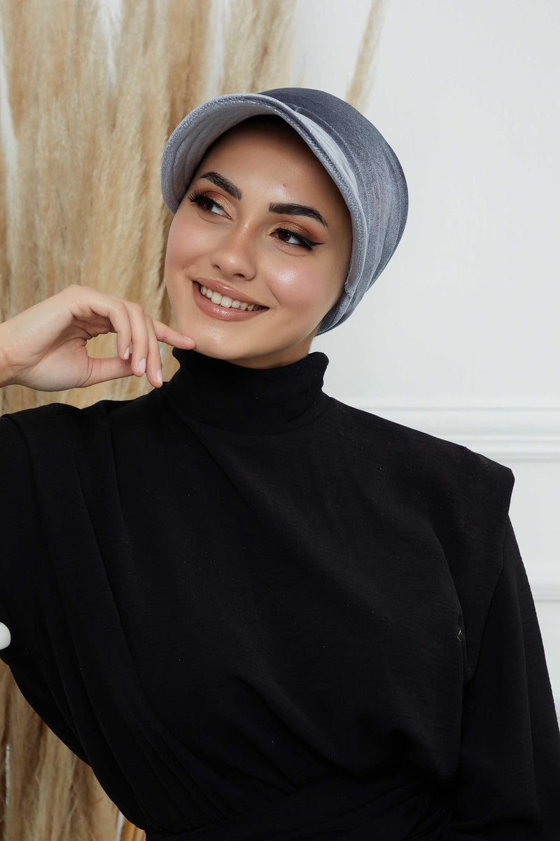 Vorgebundene Instant-Turbanmütze aus Samt für Damen, superweiche Schirmmütze aus Samt für Damen, Sonnenschutzvisier, Chemo-Kopfbedeckung, B-71K