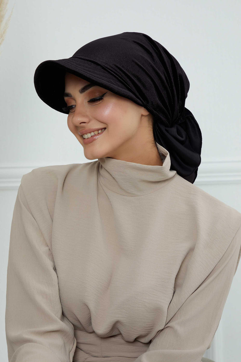 Vorgebundene Instant-Turbanmütze aus Samt für Damen, superweiche Schirmmütze aus Samt für Damen, Sonnenschutzvisier, Chemo-Kopfbedeckung, B-71K