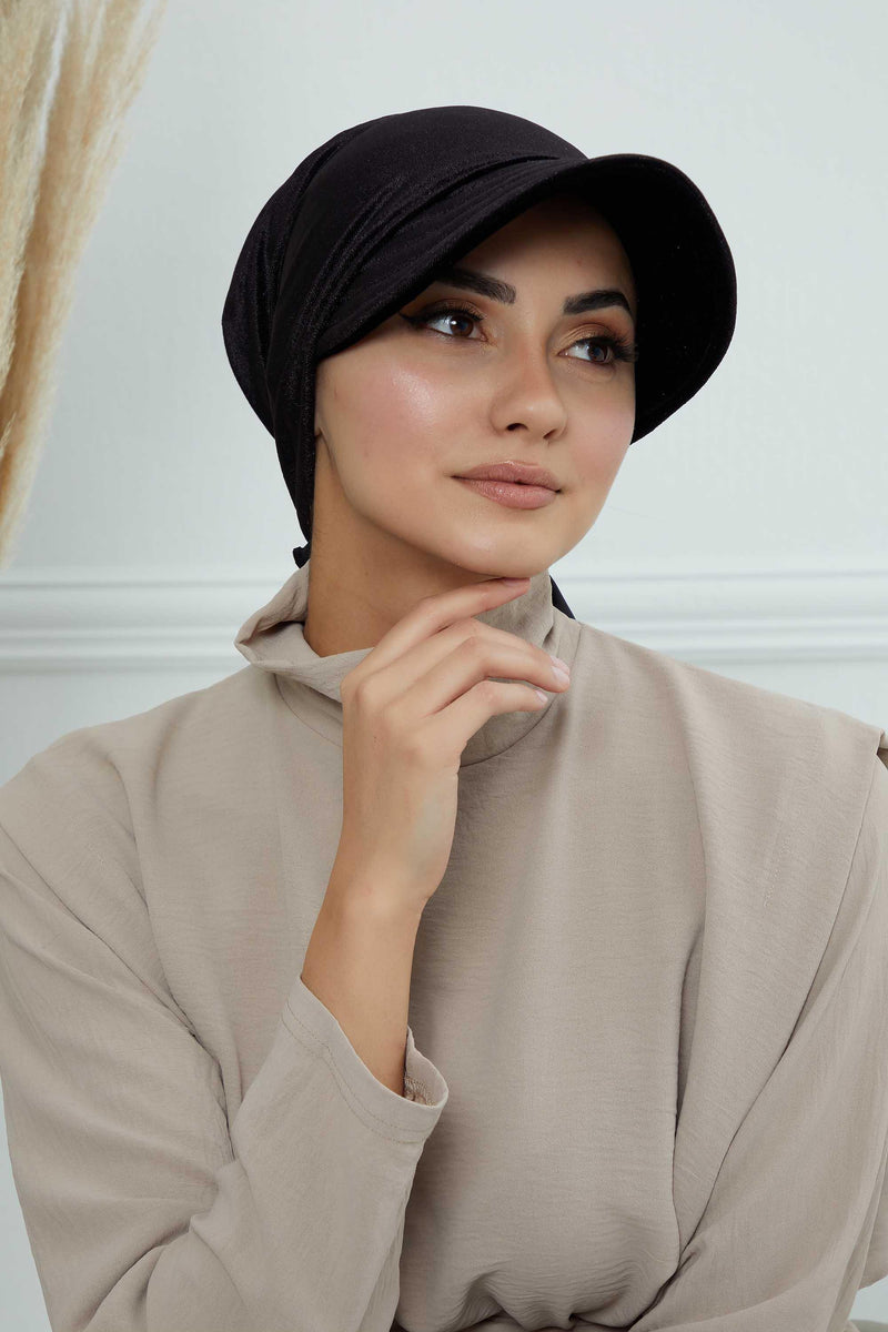 Vorgebundene Instant-Turbanmütze aus Samt für Damen, superweiche Schirmmütze aus Samt für Damen, Sonnenschutzvisier, Chemo-Kopfbedeckung, B-71K