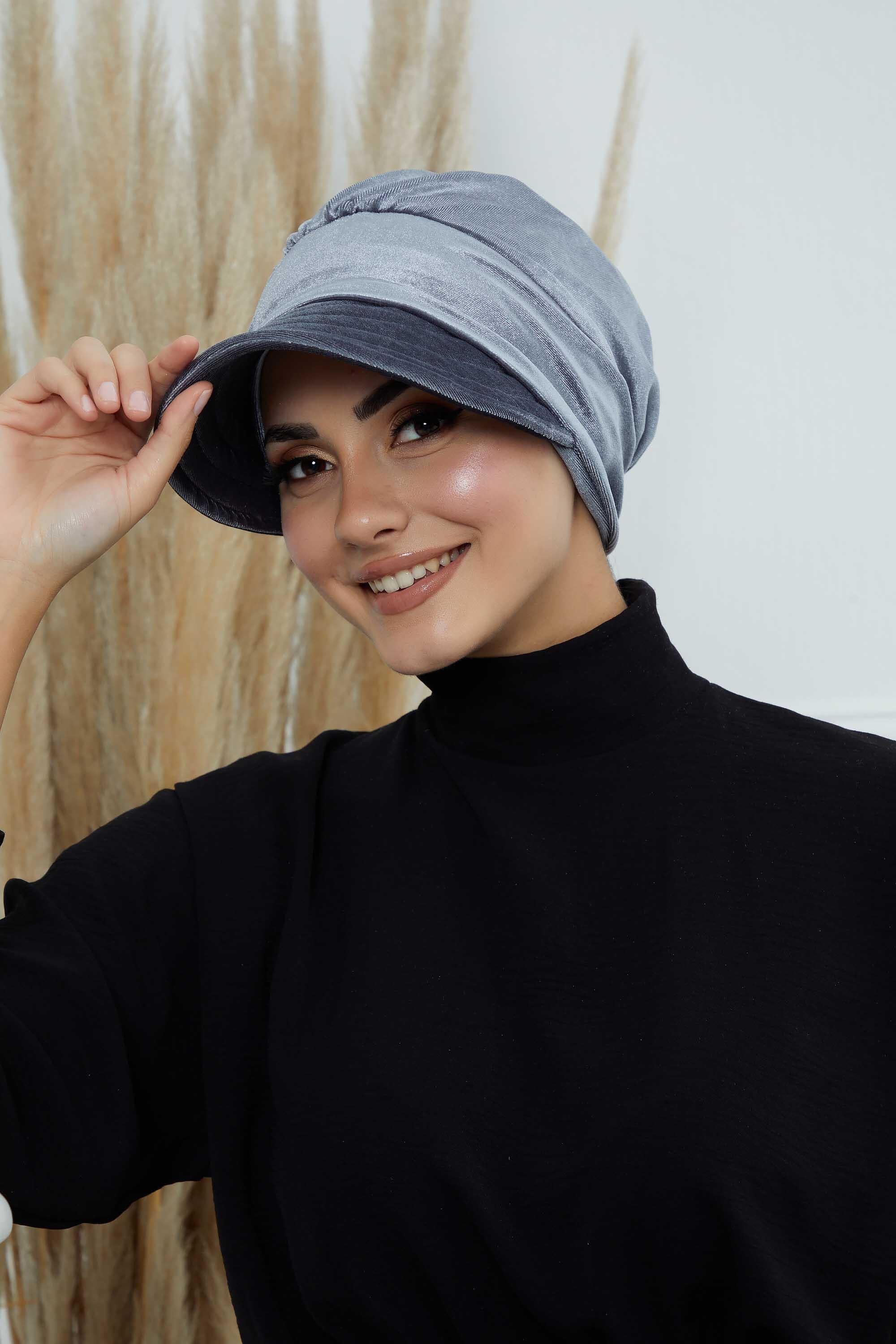 Extra Soft Newsboy Women Hat made from High Quality Velvet Fabric, Velvet Pre-Tied Visor Turban Head Covering, Soft Chemo Headwear,B-73K Grey