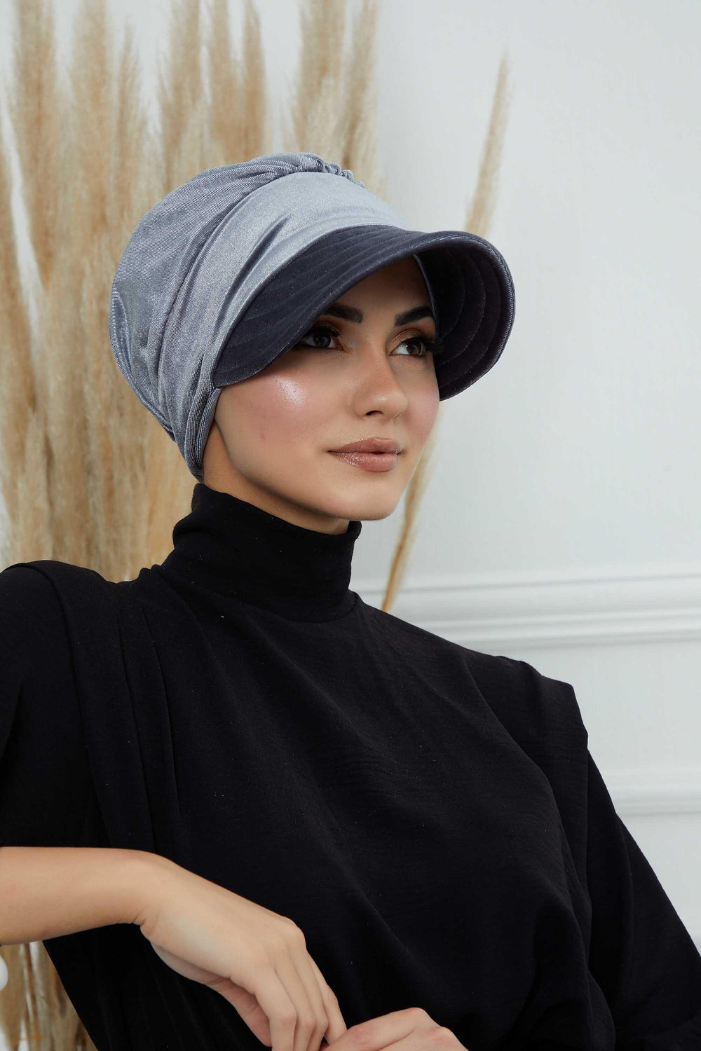 Extra Soft Newsboy Women Hat made from High Quality Velvet Fabric, Velvet Pre-Tied Visor Turban Head Covering, Soft Chemo Headwear,B-73K Grey