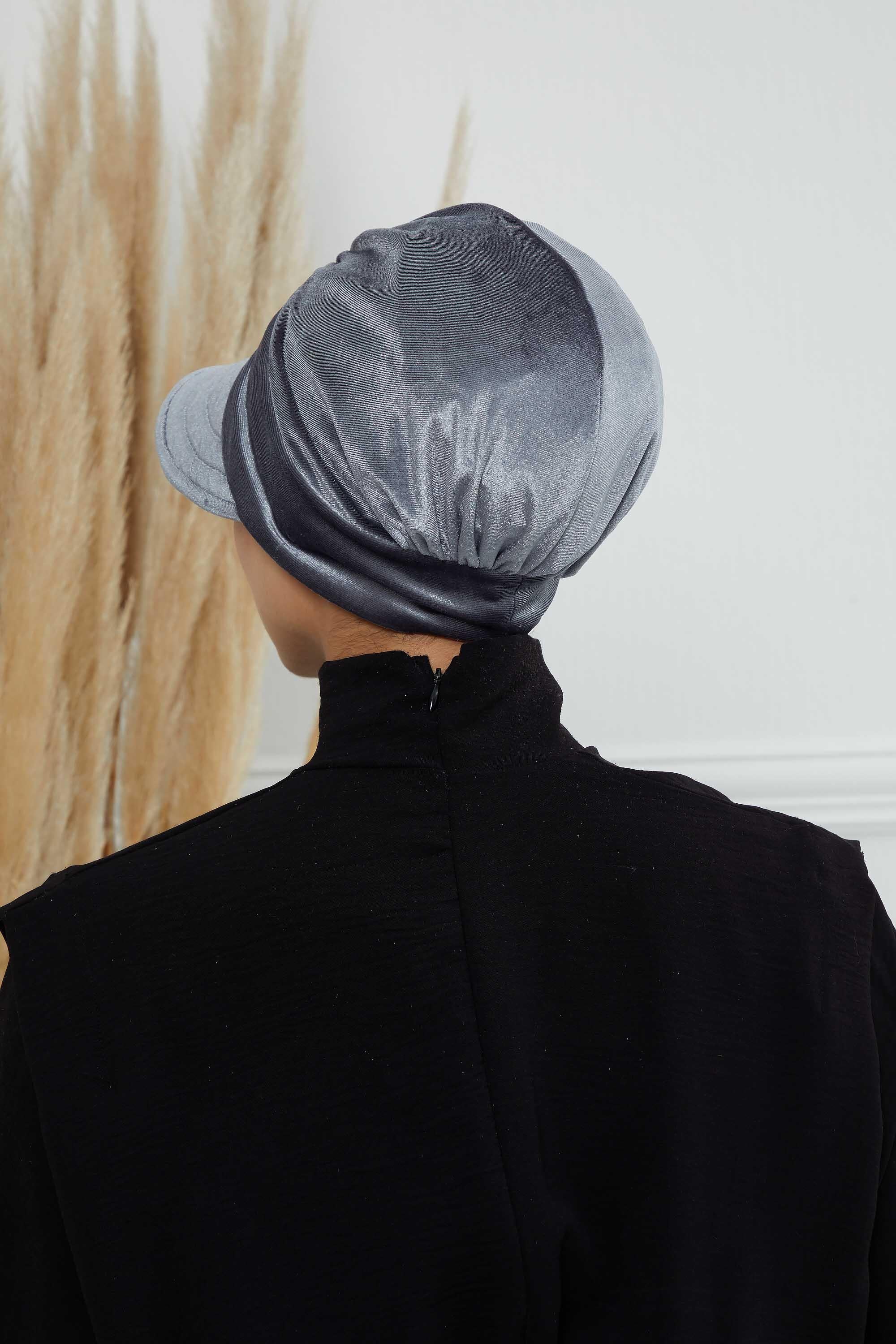 Extra Soft Newsboy Women Hat made from High Quality Velvet Fabric, Velvet Pre-Tied Visor Turban Head Covering, Soft Chemo Headwear,B-73K Grey