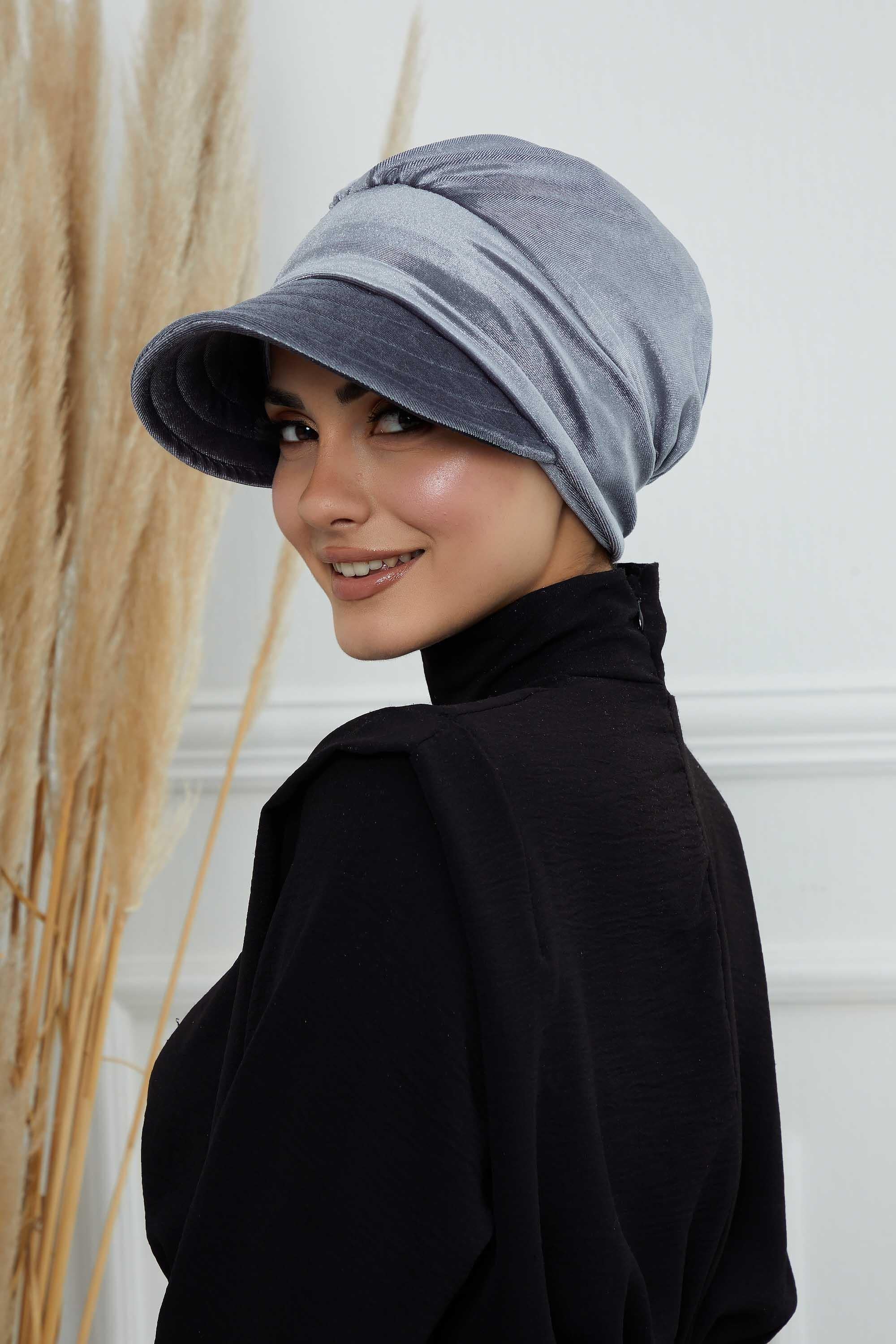 Extra Soft Newsboy Women Hat made from High Quality Velvet Fabric, Velvet Pre-Tied Visor Turban Head Covering, Soft Chemo Headwear,B-73K Grey