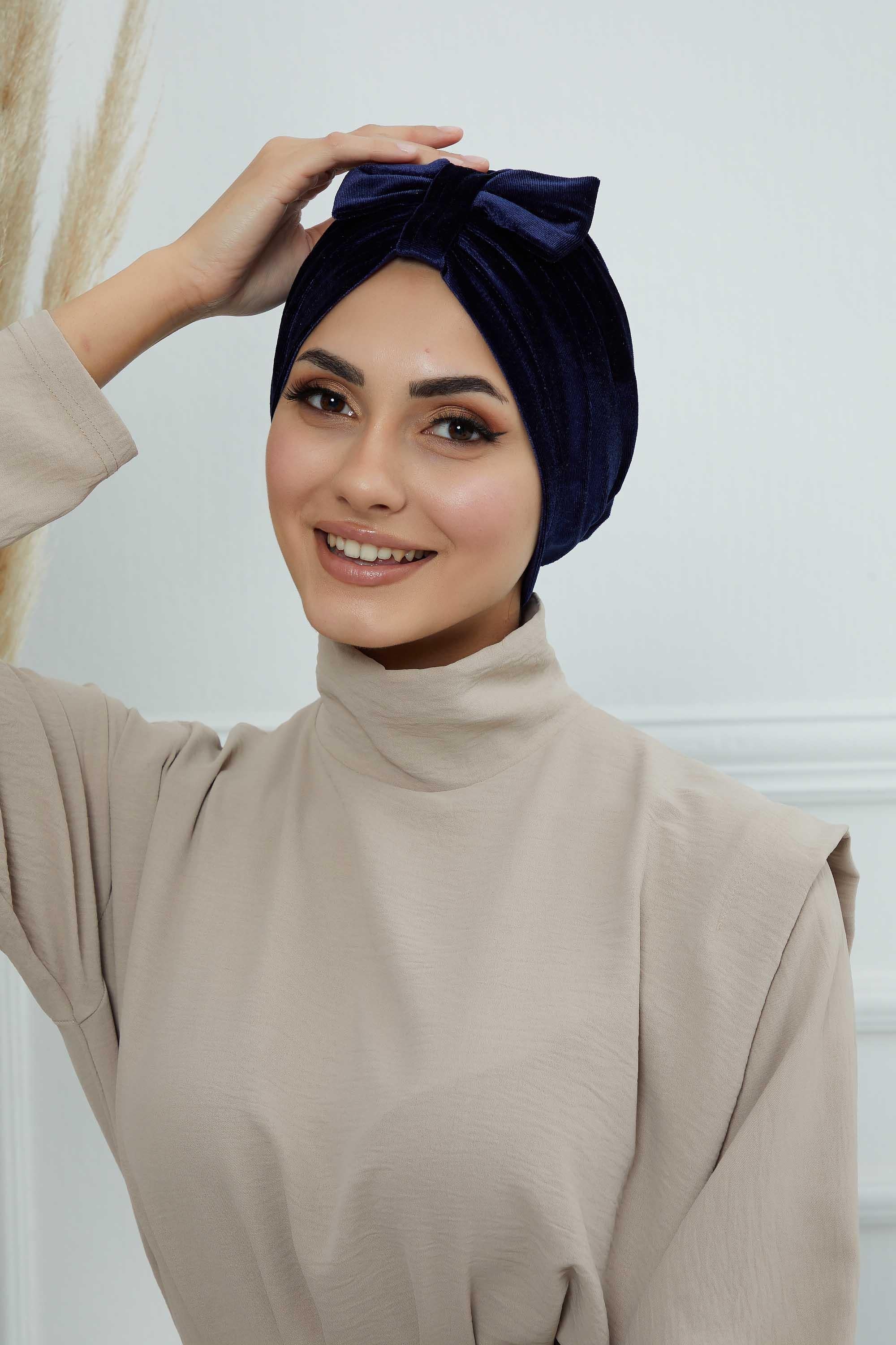 Velvet Bowtie Instant Turban Hijab Luxurious Velour Headwrap with Elegant Bow Detail, Comfortable & Fashionable Headwrap for Women,B-7K Navy Blue