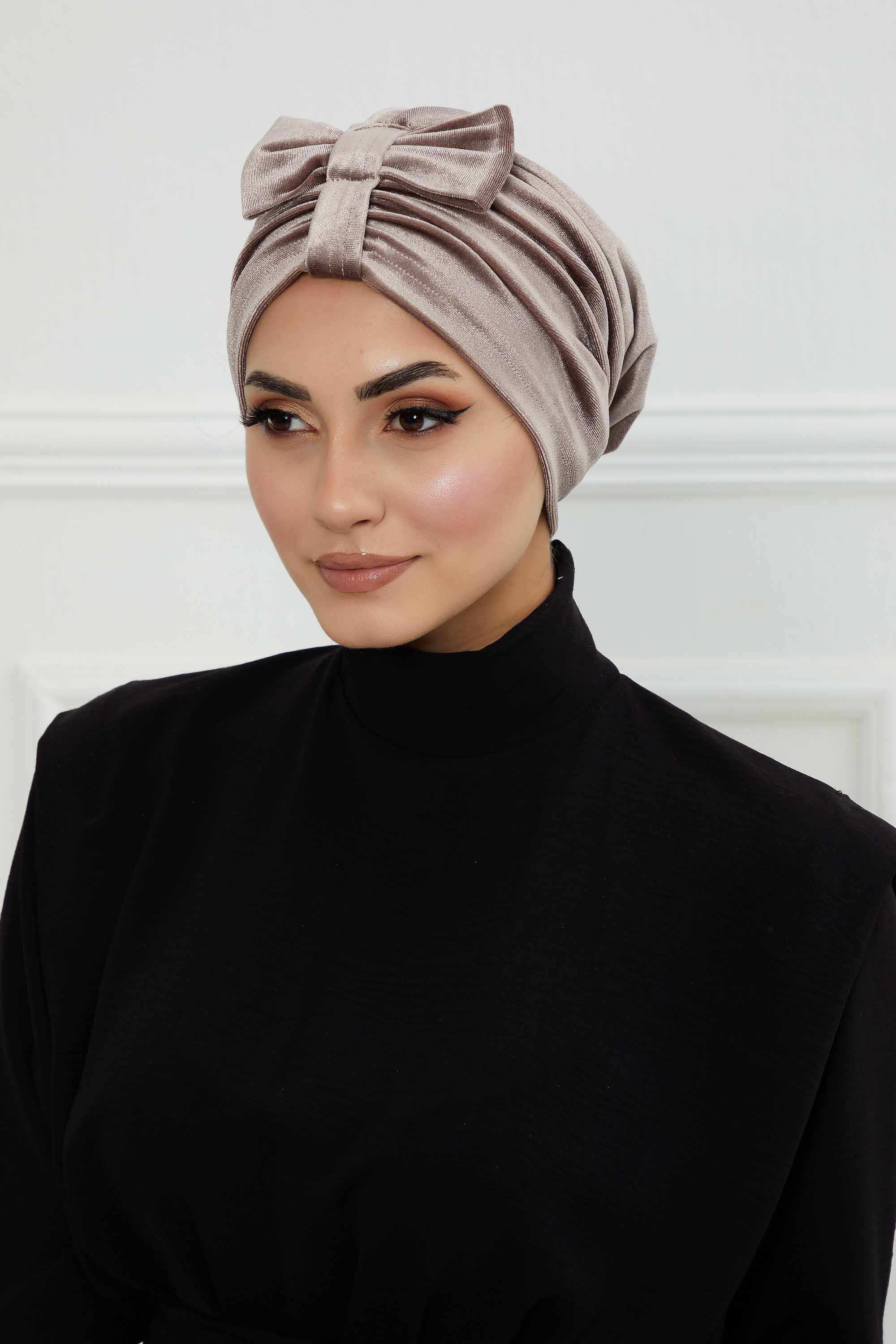 Velvet Bowtie Instant Turban Hijab Luxurious Velour Headwrap with Elegant Bow Detail, Comfortable & Fashionable Headwrap for Women,B-7K Mink