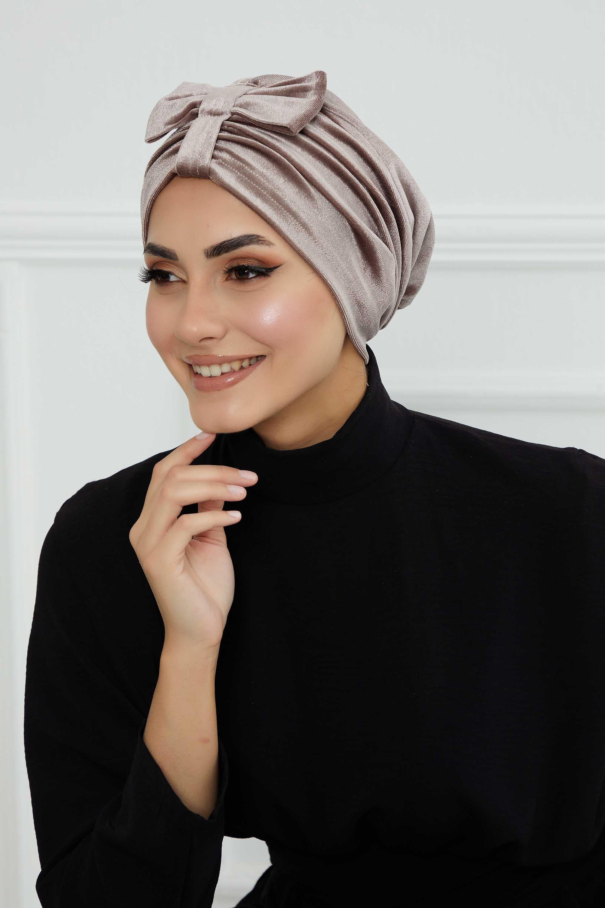 Velvet Bowtie Instant Turban Hijab Luxurious Velour Headwrap with Elegant Bow Detail, Comfortable & Fashionable Headwrap for Women,B-7K Mink