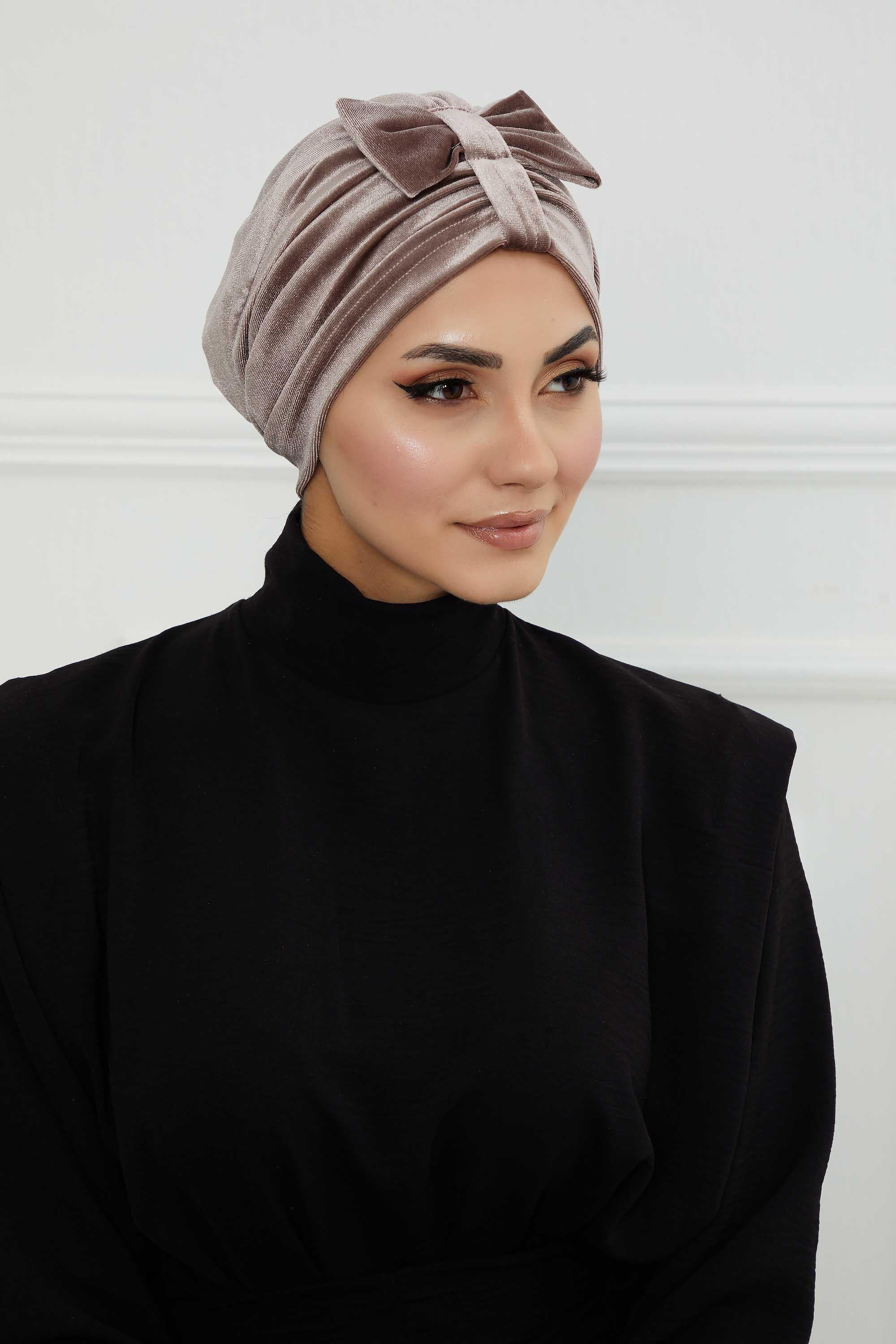 Velvet Bowtie Instant Turban Hijab Luxurious Velour Headwrap with Elegant Bow Detail, Comfortable & Fashionable Headwrap for Women,B-7K Mink