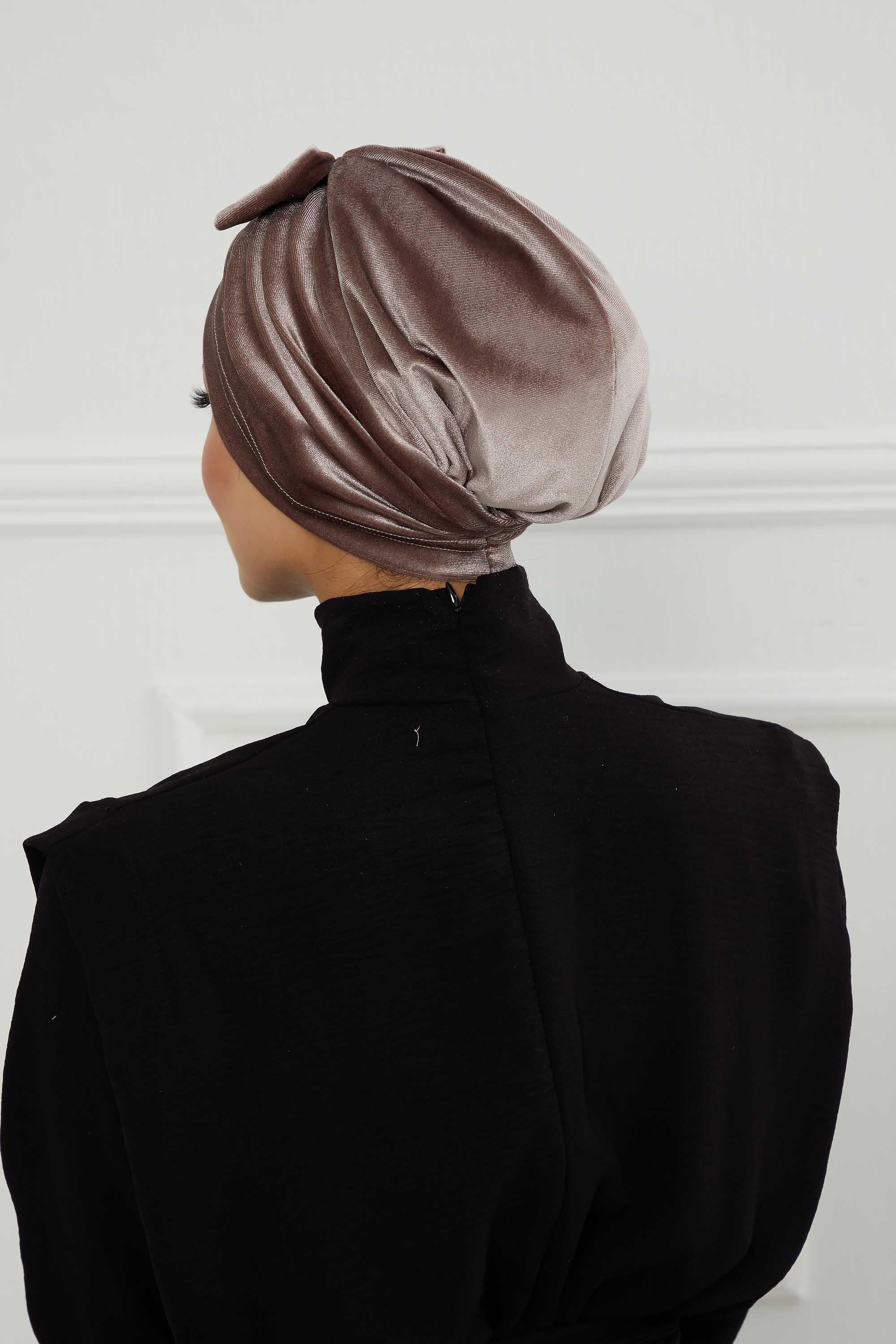 Velvet Bowtie Instant Turban Hijab Luxurious Velour Headwrap with Elegant Bow Detail, Comfortable & Fashionable Headwrap for Women,B-7K Mink