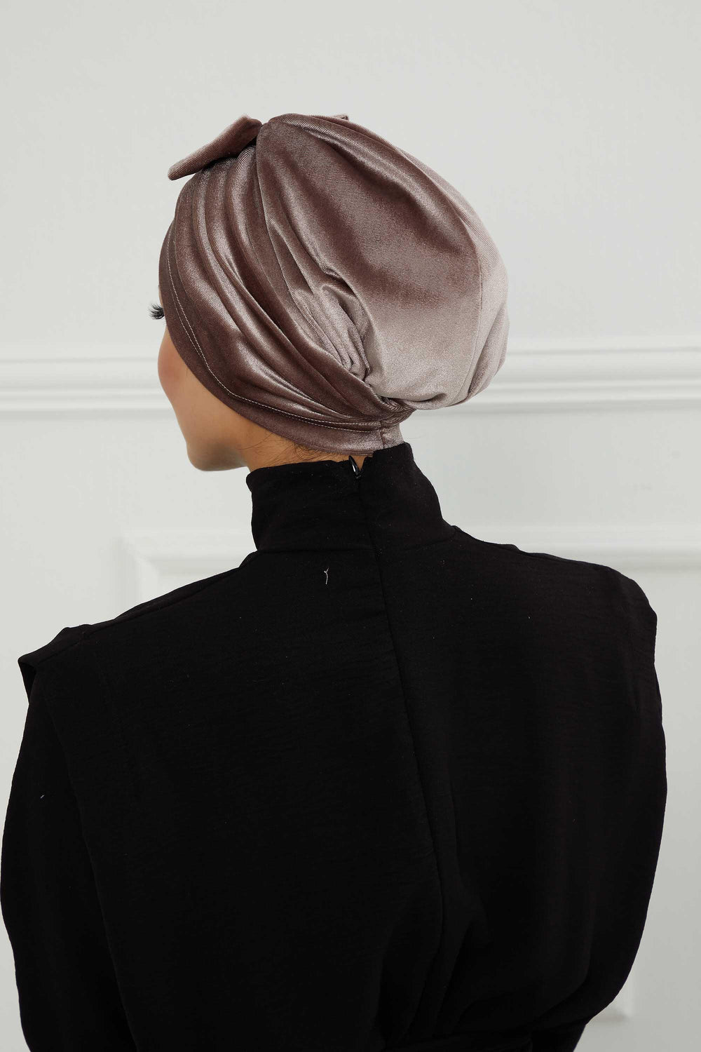 Velvet Bowtie Instant Turban Hijab Luxurious Velour Headwrap with Elegant Bow Detail, Comfortable & Fashionable Headwrap for Women,B-7K Mink