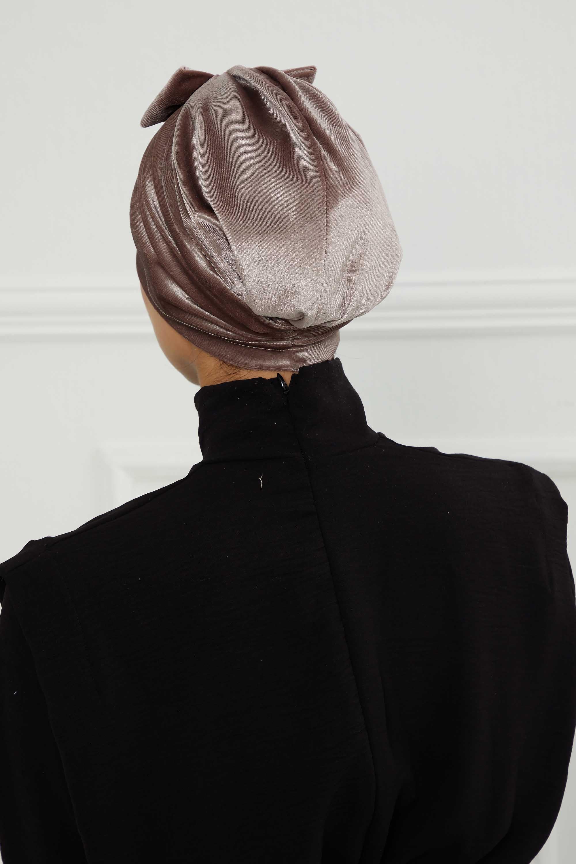 Velvet Bowtie Instant Turban Hijab Luxurious Velour Headwrap with Elegant Bow Detail, Comfortable & Fashionable Headwrap for Women,B-7K Mink