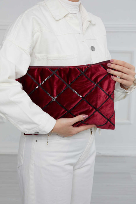 Velvet Handbag with Paillette Lines, Sequined Velvet Fancy Handbag for Special Occasions, High Quality Velvet Women Handbag,CE-18 Maroon
