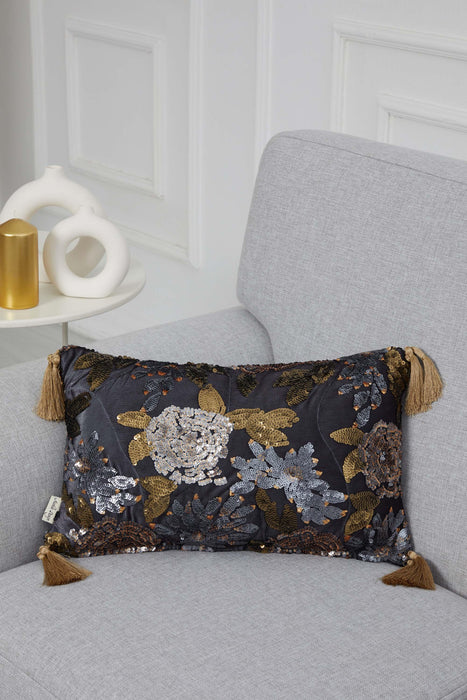 Sequined and Tasseled Velvet Pillow Cover, 20x12 Inches Elegant Throw Pillow Cover Design for Modern Home Decoration,K-336