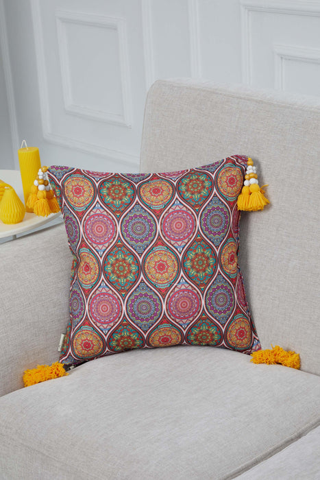 Bohemian Throw Pillow Cover with Anatolian Patterns and Yellow Tassels, 18x18 Inches Stylish Cushion Cover for Sofa and Couch,K-320