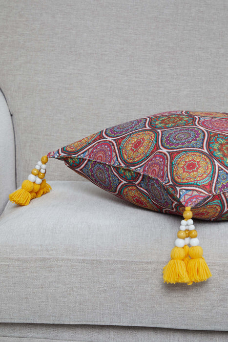 Bohemian Throw Pillow Cover with Anatolian Patterns and Yellow Tassels, 18x18 Inches Stylish Cushion Cover for Sofa and Couch,K-320