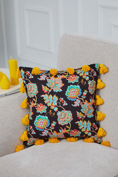 Boho Flowers-Patterned Throw Pillow Cover with Beautiful Tassels, 18x18 Inches Colourful Cushion Cover for Elegant Living Rooms,K-321