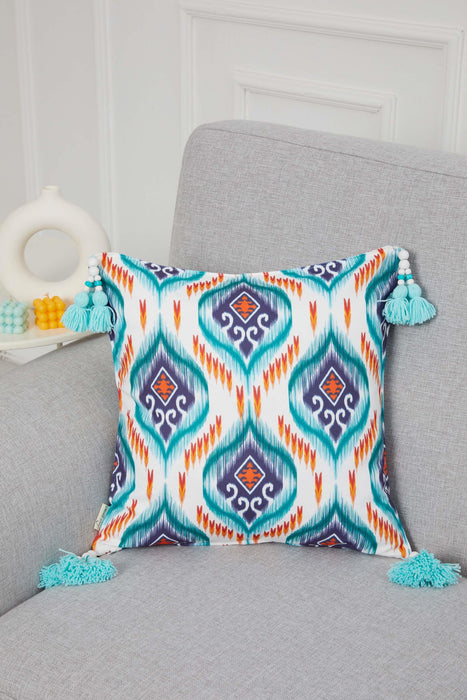Boho Anatolian Patterned Throw Pillow Cover with Handmade Beads and Tassels, 18x18 Inches Decorative Printed Pillow Cover for Couch,K-325
