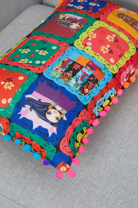 Boho Decorative Colorful Polyester Throw Pillow Covers with Pom-poms, 20x12 Inches Traditional Patchwork Cushion Covers for Sofa Couch,K-345 Suzani Pattern 40