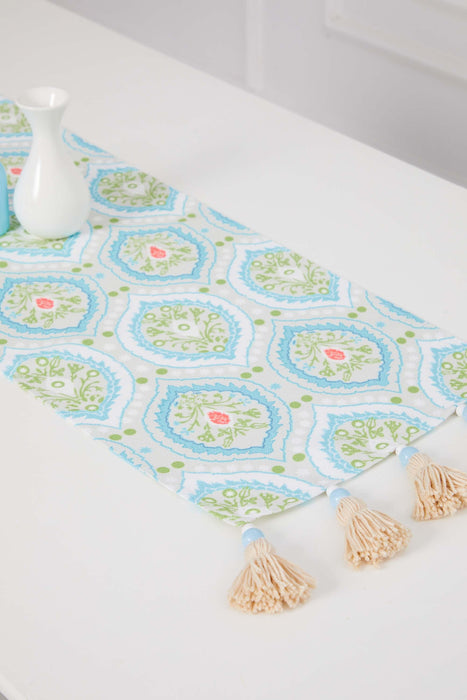 Printed Polyester Table Runner with Handmade Beads and Tassels 30 x 90 cm Fringed Handicraft Table Cloth for Dinner Table, Parties, Home Decoration,R-72K