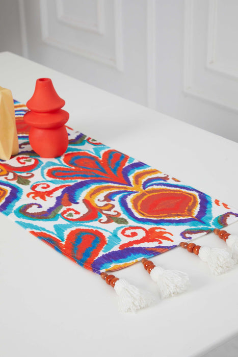 Printed Polyester Table Runner with Handmade Beads and Tassels 30 x 90 cm Fringed Handicraft Table Cloth for Dinner Table, Parties, Home Decoration,R-73K