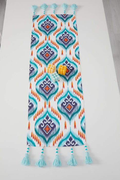 Printed Polyester Table Runner with Handmade Beads and Tassels 30 x 90 cm Fringed Handicraft Table Cloth for Dinner Table, Parties, Home Decoration,R-75K