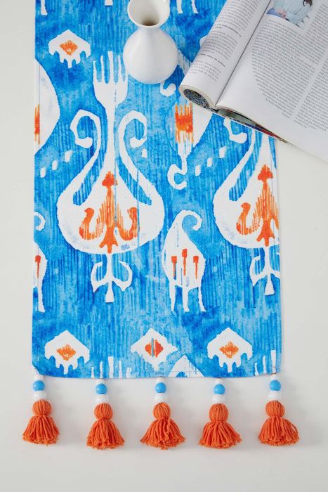 Printed Polyester Table Runner with Handmade Beads and Tassels 30 x 90 cm Fringed Handicraft Table Cloth for Dinner Table, Parties, Home Decoration,R-76K