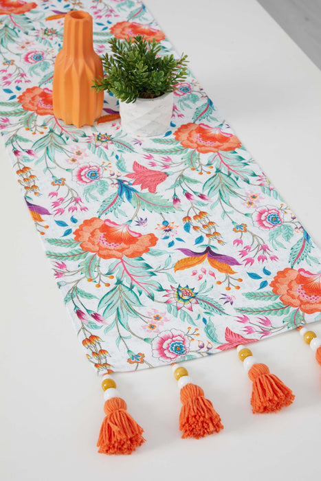 Printed Polyester Table Runner with Handmade Beads and Tassels 30 x 90 cm Fringed Handicraft Table Cloth for Dinner Table, Parties, Home Decoration,R-76K