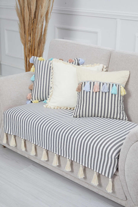 Handcrafted Boho Cotton 2 Seater Sofa Cover with Classic Stripes and Playful Tassel Detail for a Cozy Stylish Living Room Ambiance,KO-22IK Striped Pattern
